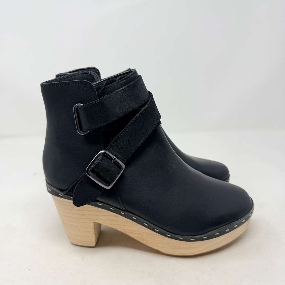 Free People Black Leather Clog Ankle Boots with Wood Heel - Picture 3 of 9